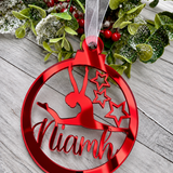 Load image into Gallery viewer, Personalised gymnast Christmas decoration in red mirrored acrylic