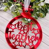 Load image into Gallery viewer, Personalised Best Teacher bauble Christmas decoration in red mirrored acrylic