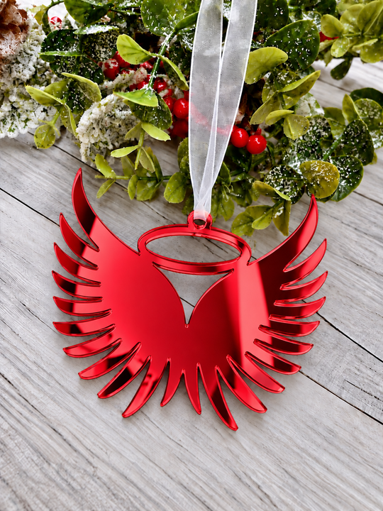 Angel wings in memory Christmas decoration in red mirrored acrylic, plain