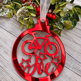 Load image into Gallery viewer, Personalised cyclist Christmas decoration in red mirrored acrylic