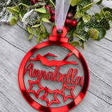Load image into Gallery viewer, Personalised swimmer Christmas decoration in red mirrored acrylic