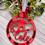 Load image into Gallery viewer, Personalised snowboarder Christmas decoration in red mirrored acrylic