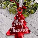 Load image into Gallery viewer, Personalised Best Teacher tree Christmas decoration in red mirrored acrylic