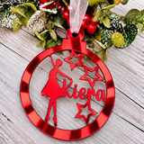 Load image into Gallery viewer, Personalised ballerina Christmas decoration in red mirrored acrylic