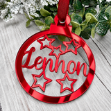 Load image into Gallery viewer, Personalised star Christmas decoration in red mirrored acrylic
