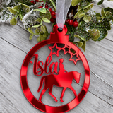Load image into Gallery viewer, Personalised horse rider Christmas decoration in red mirrored acrylic