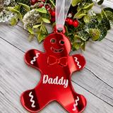 Load image into Gallery viewer, Personalised gingerbread man Christmas decoration in red mirrored acrylic