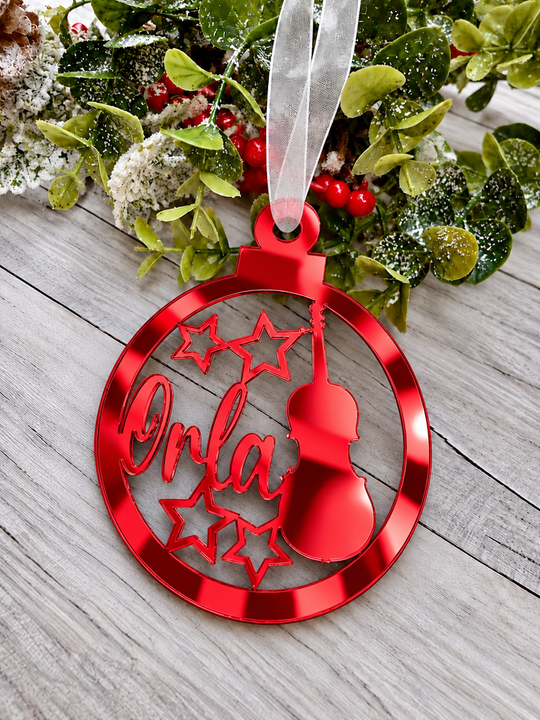 Personalised music Christmas decoration in red mirrored acrylic