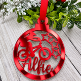Load image into Gallery viewer, Personalised BMX Christmas decoration in red mirrored acrylic