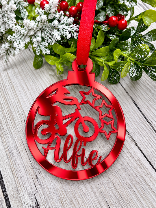 Personalised BMX Christmas decoration in red mirrored acrylic