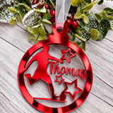 Load image into Gallery viewer, Personalised footballer Christmas decoration in red mirrored acrylic