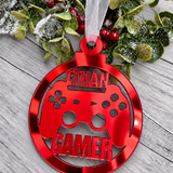 Load image into Gallery viewer, Personalised gamer Christmas decoration in red mirrored acrylic