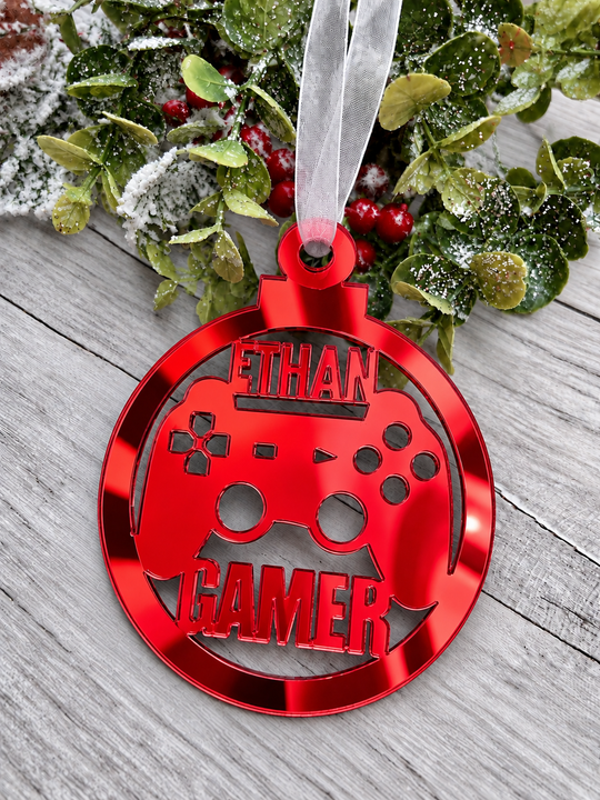 Personalised gamer Christmas decoration in red mirrored acrylic
