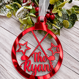 Load image into Gallery viewer, Personalised golf Christmas decoration in red mirrored acrylic