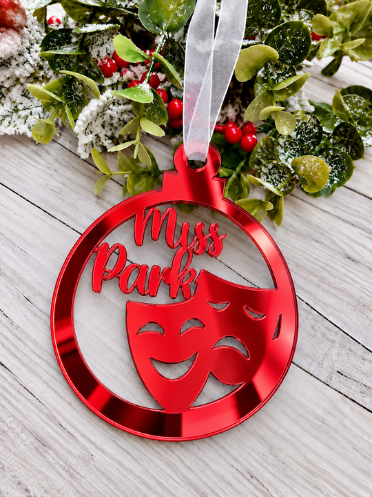 Personalised drama Christmas decoration in red mirrored acrylic