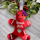 Load image into Gallery viewer, Personalised gingerbread lady Christmas decoration in red mirrored acrylic
