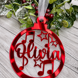 Load image into Gallery viewer, Personalised music notes Christmas decoration in red mirrored acrylic