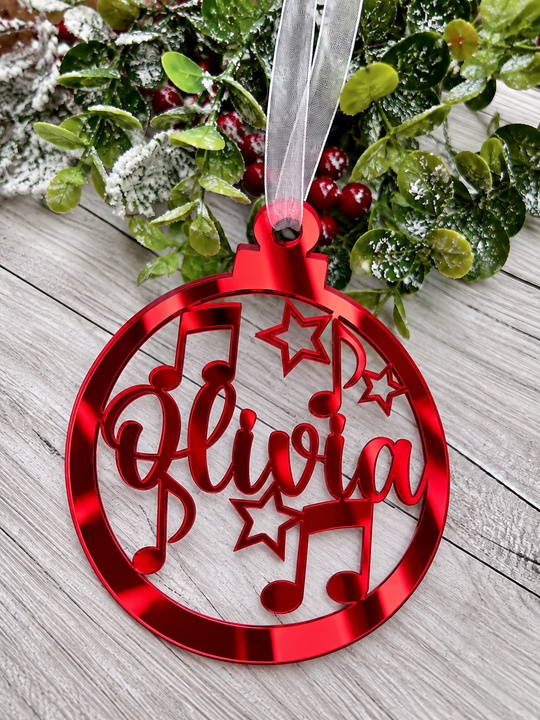 Personalised music notes Christmas decoration in red mirrored acrylic