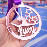 Load image into Gallery viewer, rose gold mirror acrylic personalised gymnastics medal held in hand with custom name design