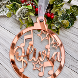 Load image into Gallery viewer, Personalised music notes Christmas decoration in rose gold mirrored acrylic