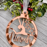 Load image into Gallery viewer, Personalised gymnast Christmas decoration in rose gold mirrored acrylic