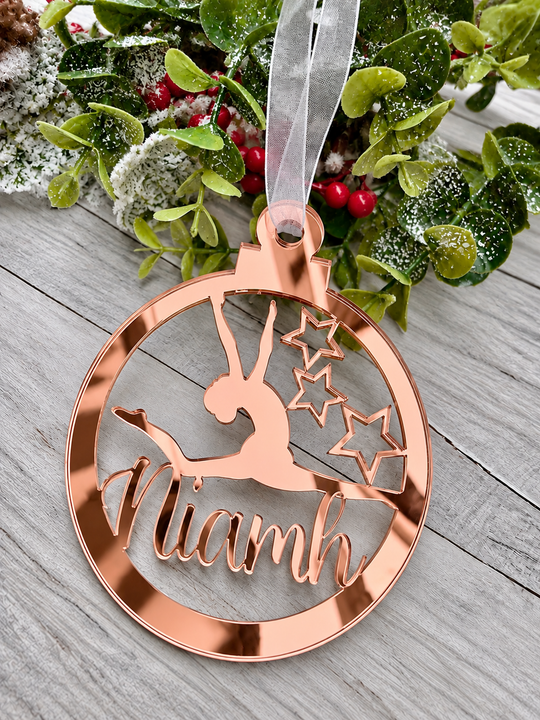 Personalised gymnast Christmas decoration in rose gold mirrored acrylic