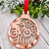 Load image into Gallery viewer, Personalised BMX Christmas decoration in rose gold mirrored acrylic