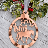 Load image into Gallery viewer, Personalised horse rider Christmas decoration in rose gold mirrored acrylic