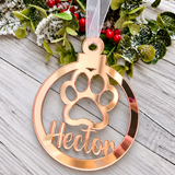 Load image into Gallery viewer, Personalised paw print Christmas decoration in rose gold mirrored acrylic