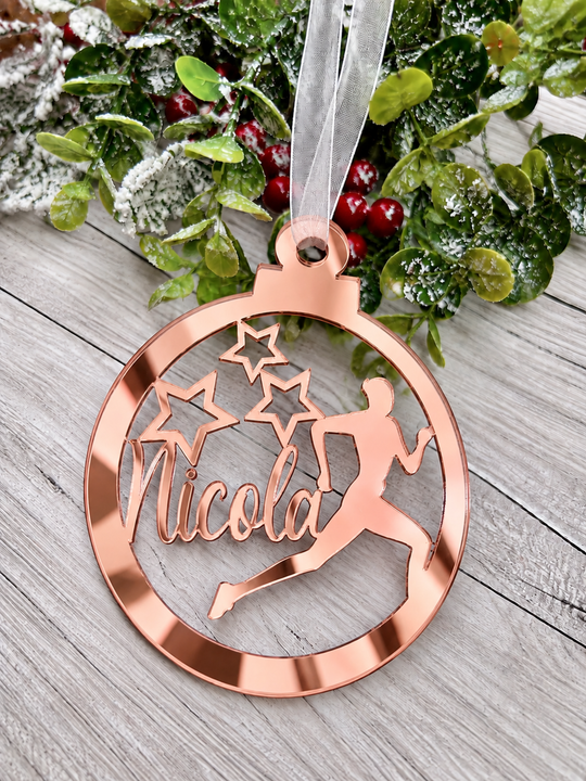 Personalised runner Christmas decoration in rose gold mirrored acrylic