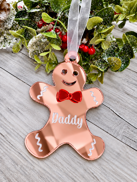 Personalised gingerbread man Christmas decoration in rose gold mirrored acrylic