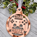 Load image into Gallery viewer, Personalised gamer Christmas decoration in rose gold mirrored acrylic