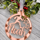 Load image into Gallery viewer, Personalised rugby Christmas decoration in rose gold mirrored acrylic