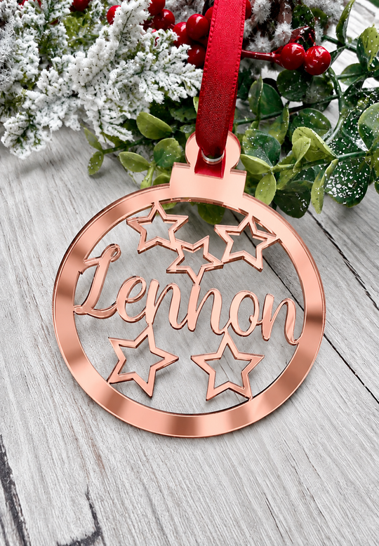 Personalised star Christmas decoration in rose gold mirrored acrylic