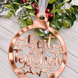 Load image into Gallery viewer, Personalised Best Teacher bauble Christmas decoration in rose gold mirrored acrylic