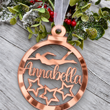Load image into Gallery viewer, Personalised swimmer Christmas decoration in rose gold mirrored acrylic