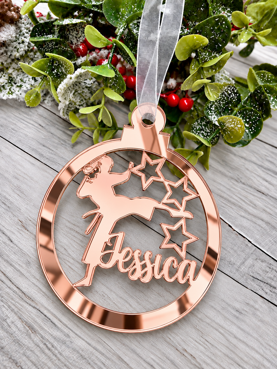 Personalised karate Christmas decoration in rose gold mirrored acrylic