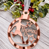 Load image into Gallery viewer, Personalised footballer Christmas decoration in rose gold mirrored acrylic