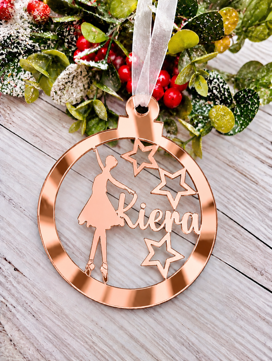 Personalised ballerina Christmas decoration in rose gold mirrored acrylic