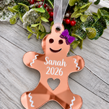 Load image into Gallery viewer, Personalised gingerbread lady Christmas decoration in rose gold mirrored acrylic