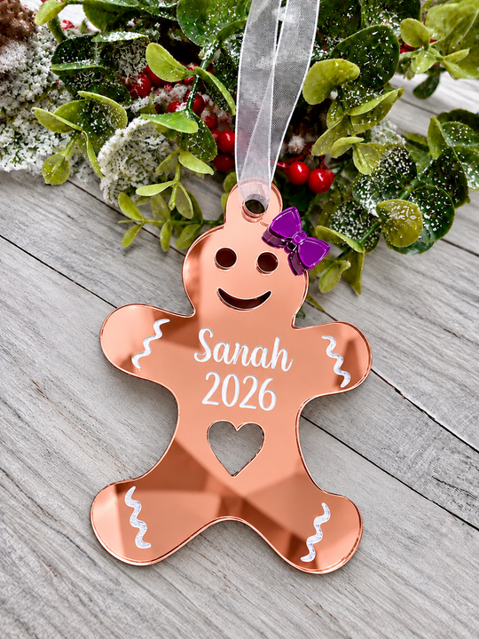 Personalised gingerbread lady Christmas decoration in rose gold mirrored acrylic