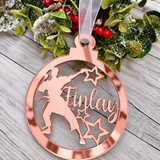 Load image into Gallery viewer, Personalised karate Christmas decoration in rose gold mirrored acrylic