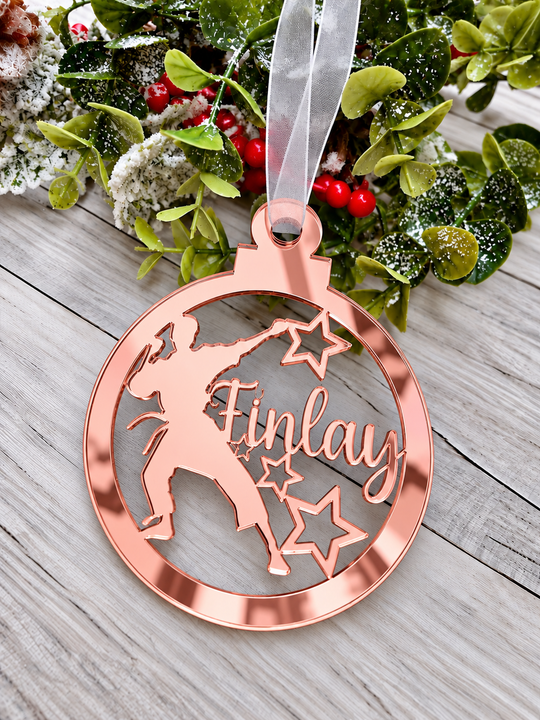 Personalised karate Christmas decoration in rose gold mirrored acrylic