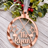 Load image into Gallery viewer, Personalised golf Christmas decoration in rose gold mirrored acrylic