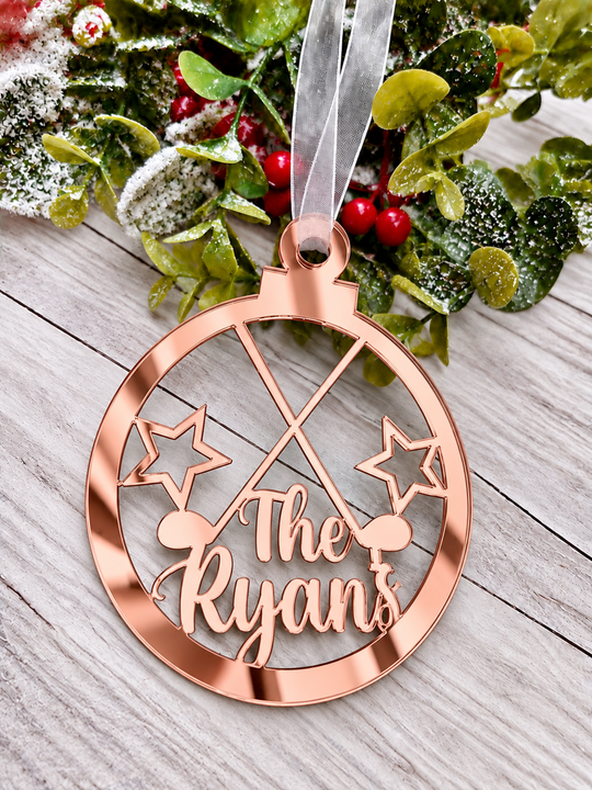 Personalised golf Christmas decoration in rose gold mirrored acrylic