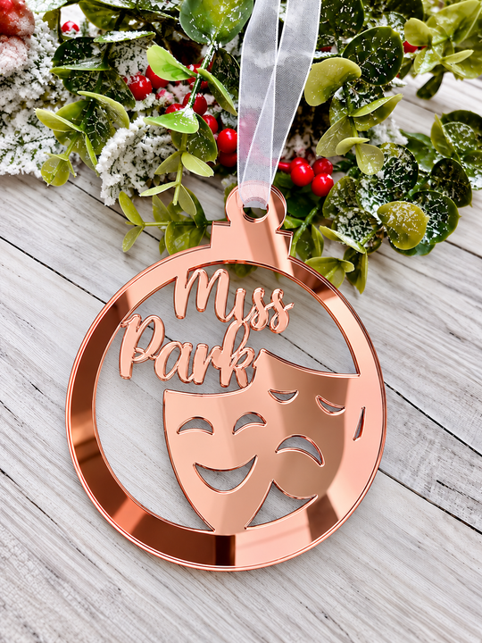 Personalised drama Christmas decoration in rose gold mirrored acrylic