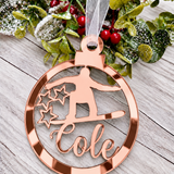 Load image into Gallery viewer, Personalised snowboarder Christmas decoration in rose gold mirrored acrylic