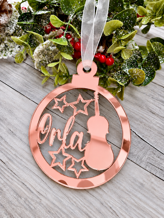 Personalised music Christmas decoration in rose gold mirrored acrylic