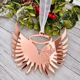 Load image into Gallery viewer, Angel wings in memory Christmas decoration in rose gold mirrored acrylic engraved with a name