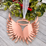 Load image into Gallery viewer, Angel wings in memory Christmas decoration in rose gold mirrored acrylic, plain